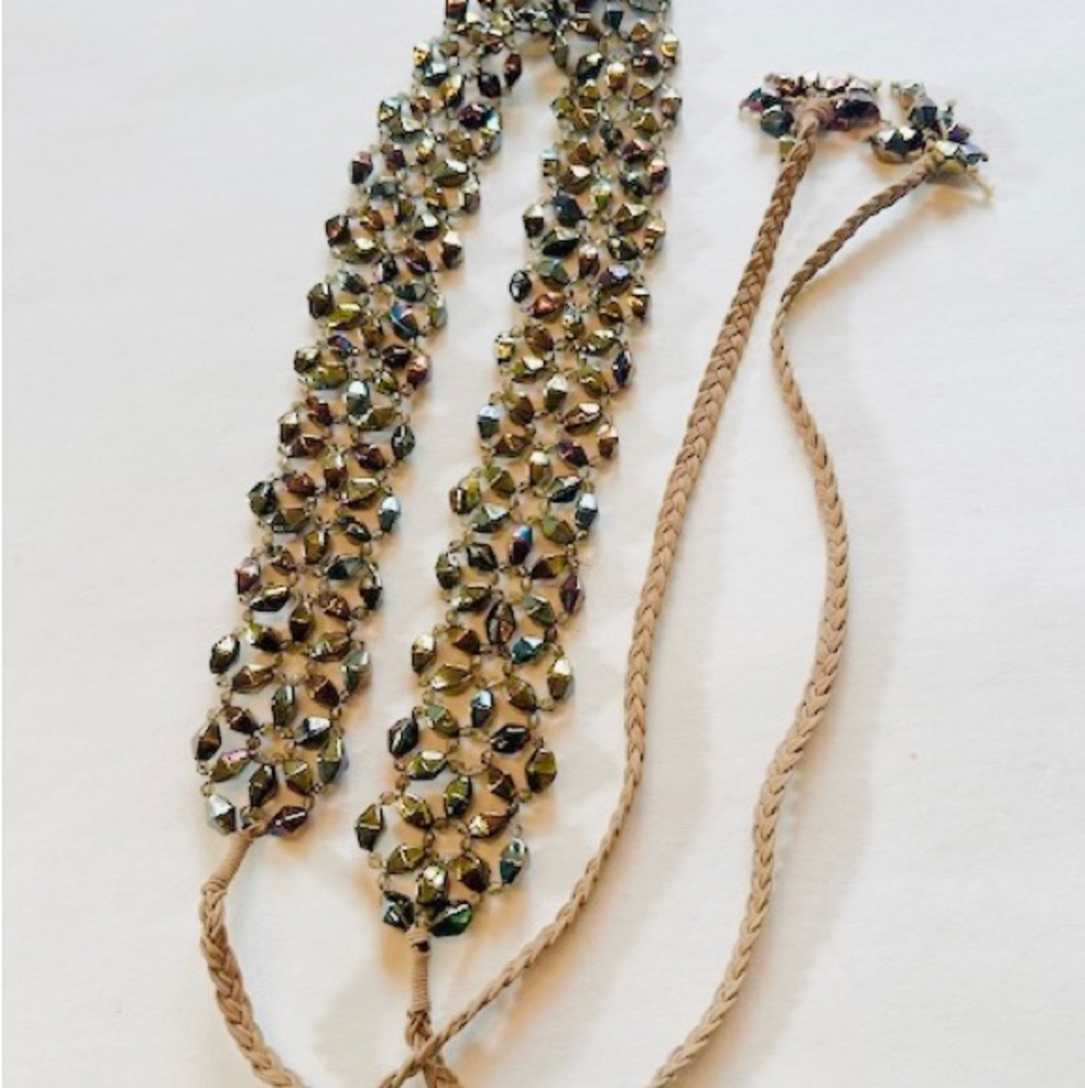 BOUGG NY Artisan Unique Belt Bronze Glass Crystal Woven Beads Tassels 75” x 2”